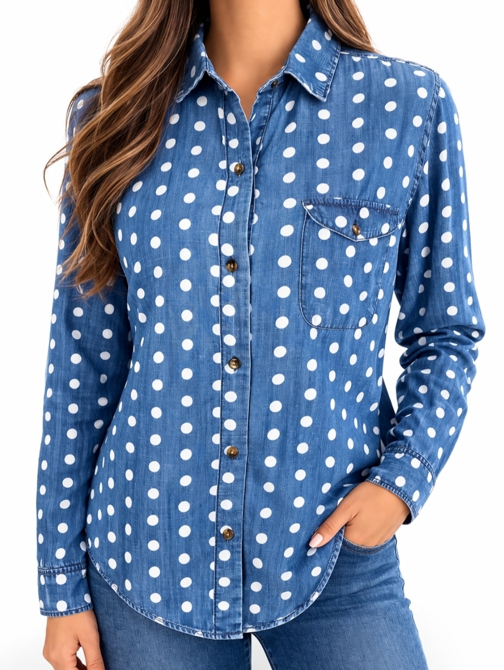 BDG Womens Polka Dot Chambray Shirt Button Down Blue Size M Casual